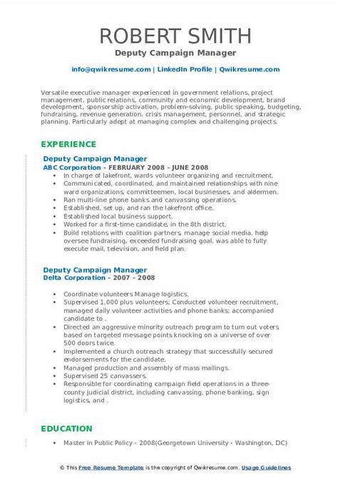 Deputy Campaign Manager Resume Samples Qwikresume