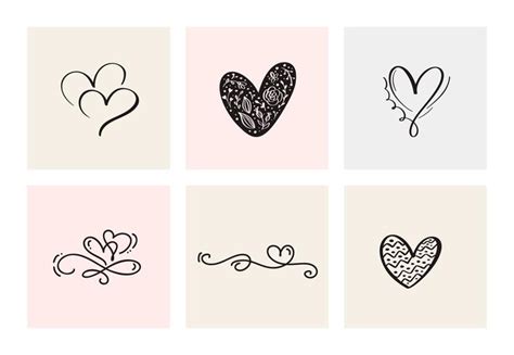 Set Of Six Vintage Vector Valentines Day Hand Drawn Calligraphic Heart