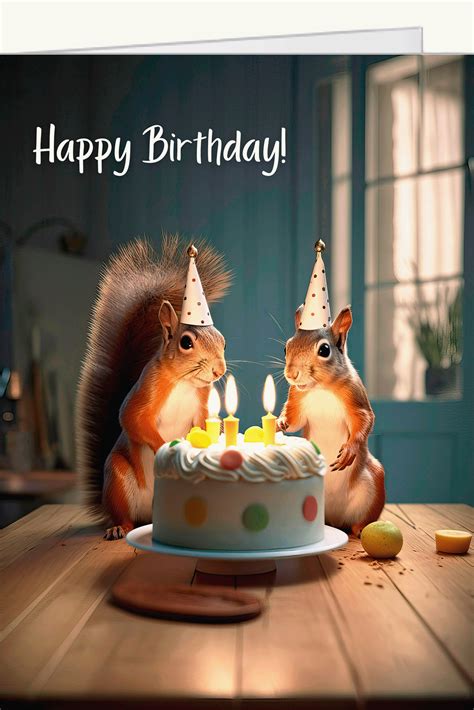 Squirrel Birthday Card With Birthday Cake Birthday Hats Birthday