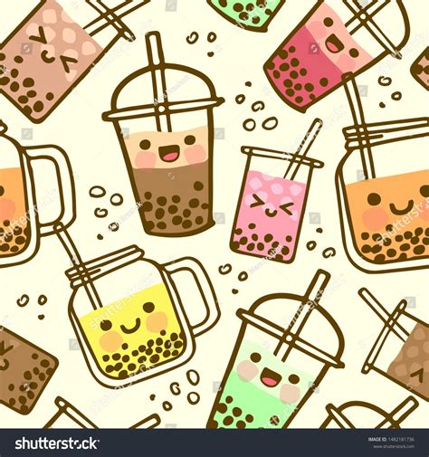 Bubble Milk Tea Funny Seamless Pattern Hand Drawn Kawaii Smiled Drinks