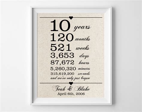 The best gift for your wife when celebrating a 10th wedding anniversary would be jewellery that symbolises 10 years of marriage: 10 years together Cotton Gift Print 10th Anniversary Gifts