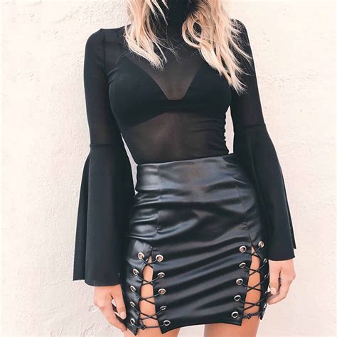 2018 Women Sexy Package Hip Black Pu Leather Skirt Side Tie Lace Up Bodycon Mini Skirt Female
