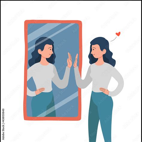 Woman Or Girl Looks In The Mirror And Pleased With Herself Self Love And Happiness Concept The