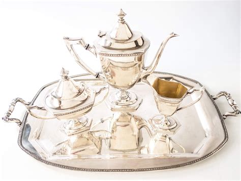 Antique Silverplate Tea Set With Tray Art Deco Style Silver Plated