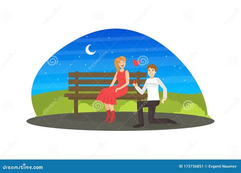 Happy Man Proposing Marriage To Beautiful Woman Smiling Man Kneeling Down With Ring In Park At