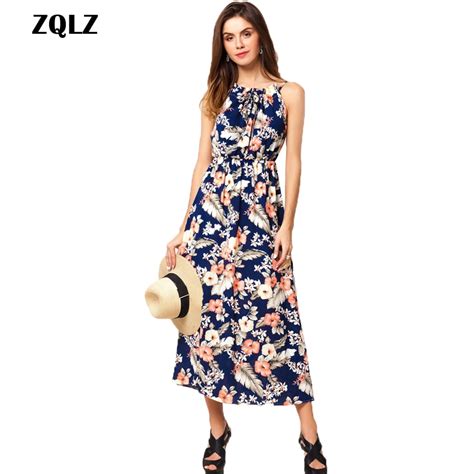 Zqlz 2018 Summer Bohemian Beach Long Dress Women O Neck Sleeveless Print Floral Vintage Dress