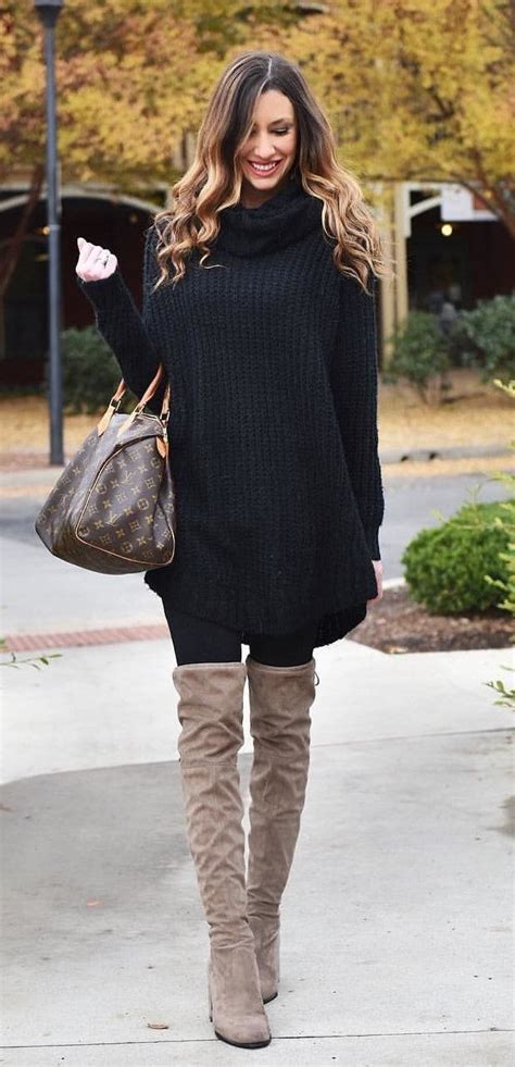 Winter Outfits Black Knit Turtleneck Sweater Mini Dress And Brown