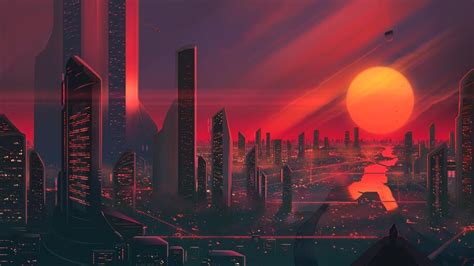 Sci Fi City Sunset Digital Art Illustration 4k 4