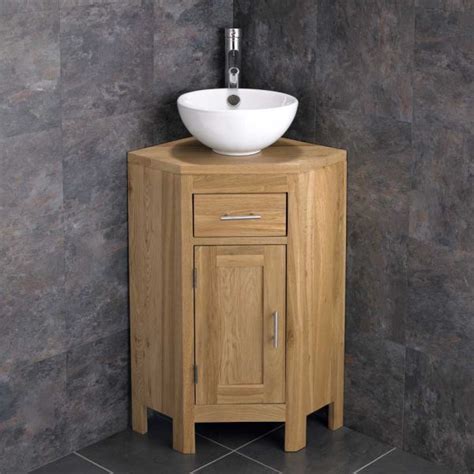 Large Double Door Corner Oak Vanity Unit And Round Sink Plus Tap Waste