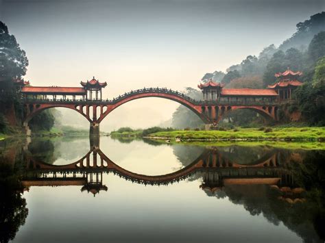 Water Reflection Of Leshan Giant Buddha Bridge China Bridge