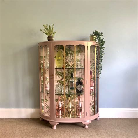 Upcycled Vintage Glass Drinks Cabinet Hand Painted In Damask Pink And Gold Decoupaged Art Deco