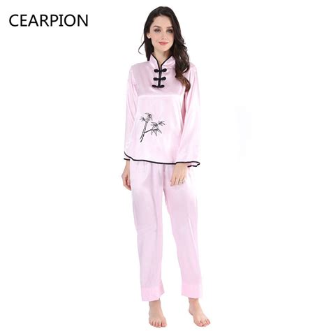 Cearpion Women Embroidery Floral Pajama Set Satin Home Wear Nightgown Chinese Vintage Button