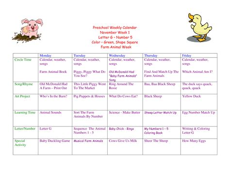Kostenloses Preschool Calendar Weekly Template