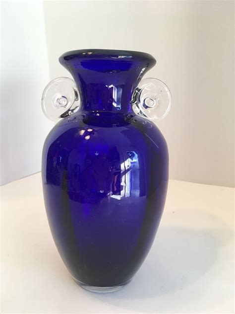 Hand Blown Cobalt Blue Glass Vase With Clear Glass Handles Heavy Vintage Ebay Blue Glass