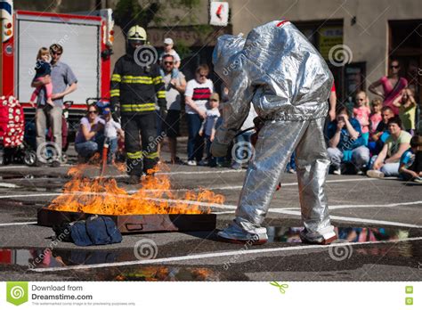 Firefighter Extinguish Fire During A Training Exercise Editorial