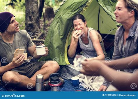Group Of Diverse Friends Camping In The Forest Stock Photo Image Of