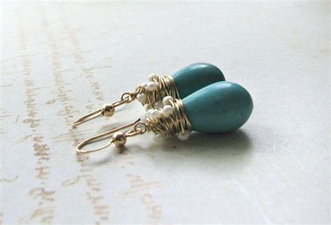 Turquoise Pearl Drop Earrings Wire Wrapped Turquoise Drops Etsy Aros