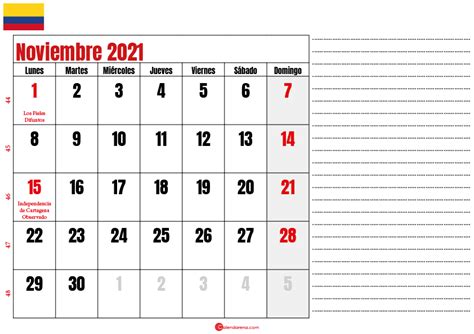 Calendario Noviembre 2021 Colombia Para Imprimir