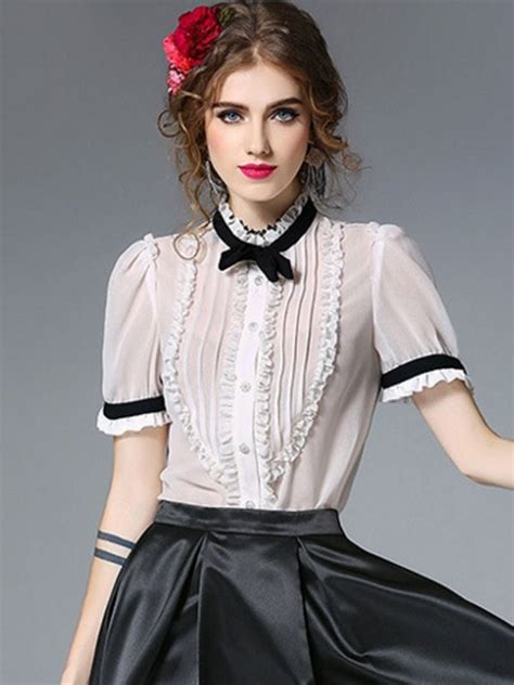 Bow Stand Collar Short Sleeves Women S Tops With Free Shipping Jollyhers Victorian Lace