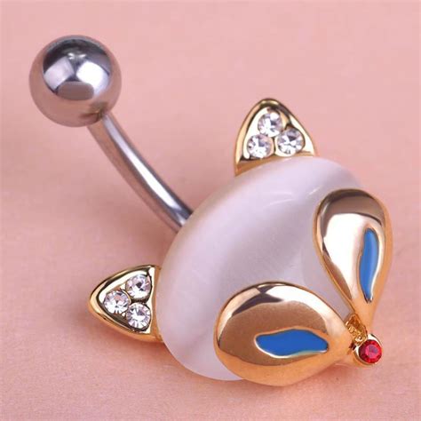 Cute Fox Figure Crystal Navel Piercing Belly Button Ring Body Jewelry