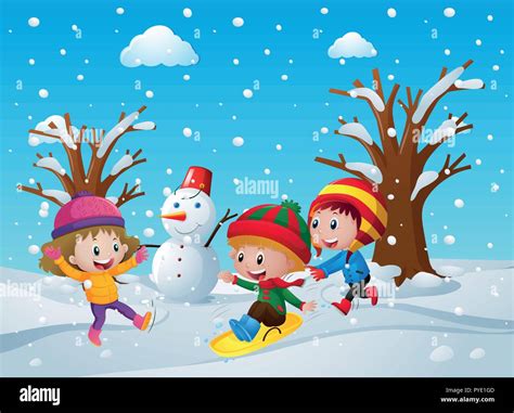 Three Kids Playing In The Snow Illustration Stock Vector Image And Art