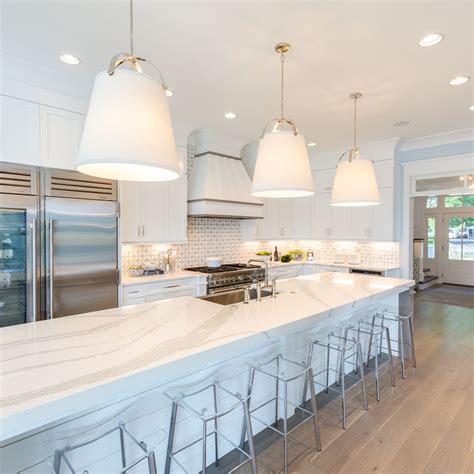 Simple Modern Lights In Coastal Kitchen Design With White Marble