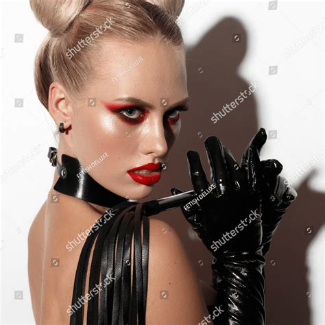 Beautiful Dominant Blonde Devil Demon Vamp Mistress Bdsm Girl With Hair Horns In Glamour Latex