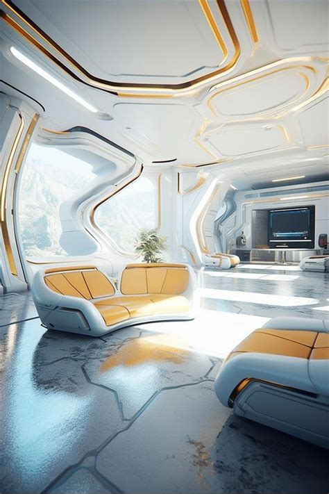 A Futuristic Living Room With Yellow And White Furniture