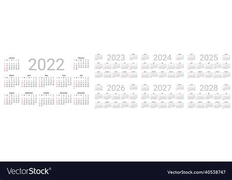 2022 2023 2024 2025 2026 2027 2028 Years Calendar Vector Image
