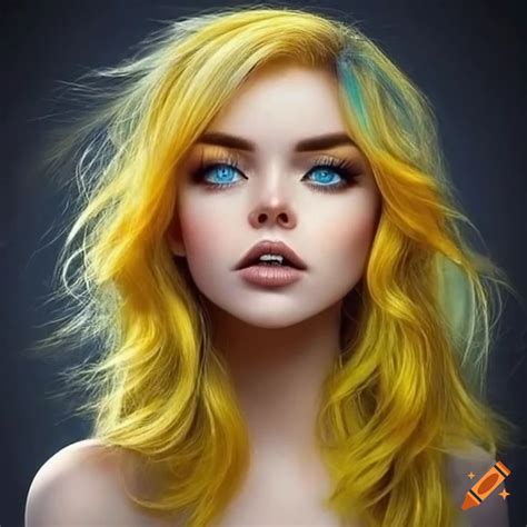 Portrait Of A Woman With Blue Eyes And Wavy Yellow Hair