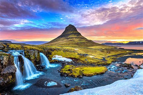 Its landscape's is characterized by waterfalls, geysers, volcanoes, black sand beaches and otherworldly steaming lava fields. Kirkjufell At Sunrise In Iceland Beautiful Landscape Stock ...