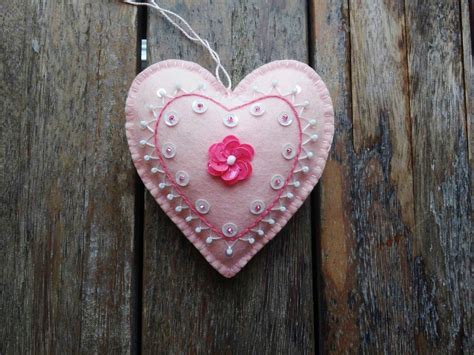 Pink Felt Heart Ornament Embroidered Heart Ornament Etsy