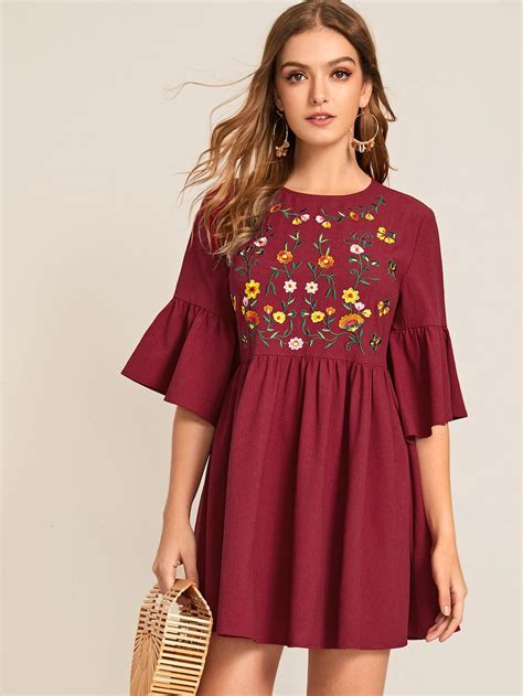 Flounce Sleeve Embroidery Smock Dress Shein Floral Dress Outfits