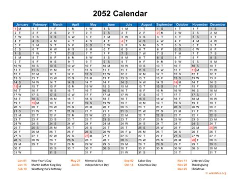 2052 Calendar Horizontal One Page