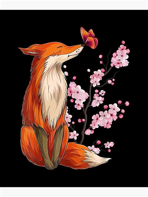 Japanese Fox Cherry Blossom Flower Sakura Trees Kawaii Poster For