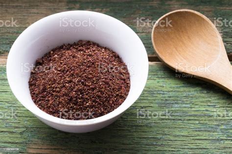 Ground Sumac Spice In White Bowl Traditional Arabic Ingredient For