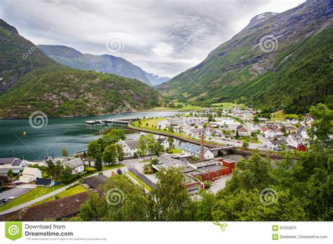 Hellesylt Village And Waterfall Geirangerfjord In Norway Stock