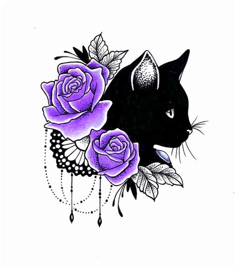 Perhaps that is the reason why men gave. Black Cat purple flowers | Black cat tattoos, Cat tattoo ...
