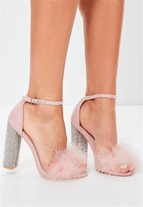 Lyst Missguided Pink Glitter And Feather Block Heel Sandals In Pink