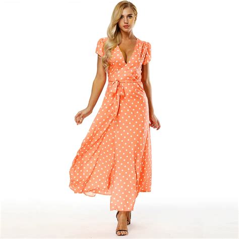 Aliexpress Com Buy Women Polka Dot Maxi Dress V Neck Warp Sashes