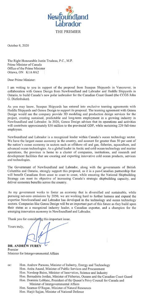 Letter To Prime Minister In Support Of The Proposal From Seaspan Shipyards Genoa Design