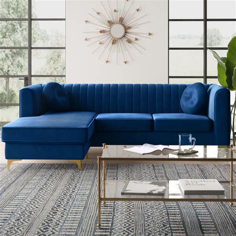 88 Inch Small Sectional Sofa With Chaise Deep Blue Velvet Upholstery