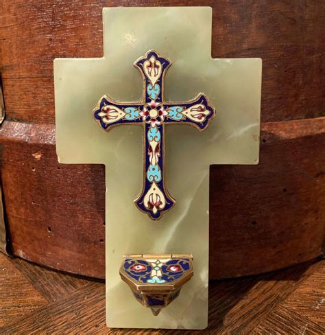 19th Century French Brass And Cloisonné Cross With Holy Water Font On