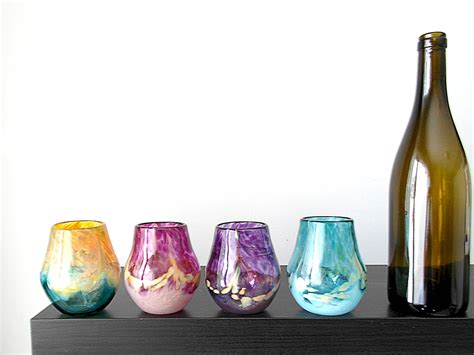 Hand Blown Stemless Wine Glass Set In Warm Pastels Set Of 4 Etsy Canada Wine Glass Set Hand