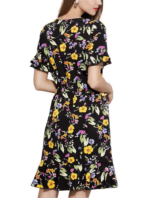 Miusol Women S Casual V Neck Ruffle Polka Dot Flower Mini Wrap Dress