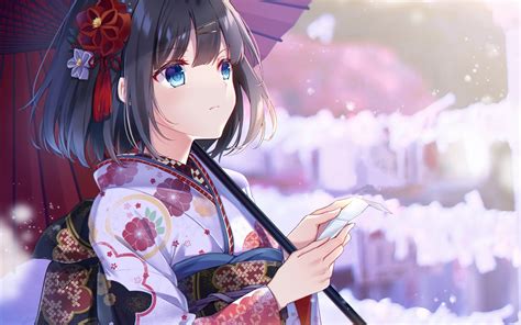 Download 1920x1200 Anime Girl Short Black Hair Kimono Blue Eyes