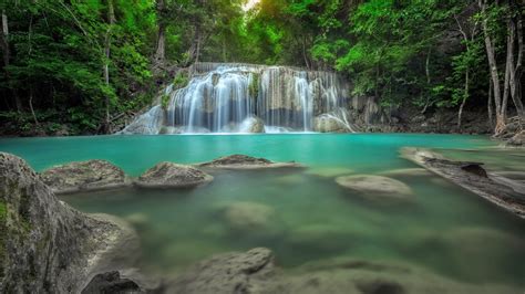Erawan Waterfall In Thailand Jungle Rain Forest Rocks In Water Natural