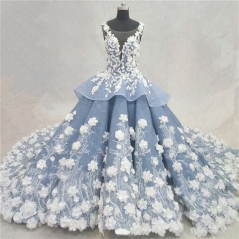 Fantastic Ball Gown Illusion Neckline Dusty Blue Organza Lace Applique