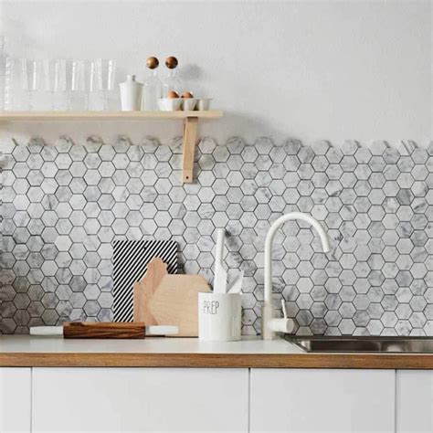 4 Inch White Carrara Hexagon Honed Marble Mosaic Tile Kitchen