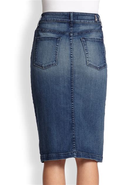 7 For All Mankind Buttonfront Stretch Denim Pencil Skirt In Blue Lyst